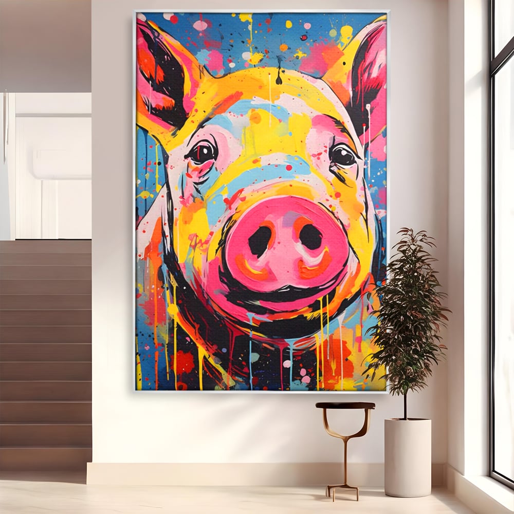 Tablou canvas cu tablou canvas portret de porc colorat, in rama de aluminiu argintiu